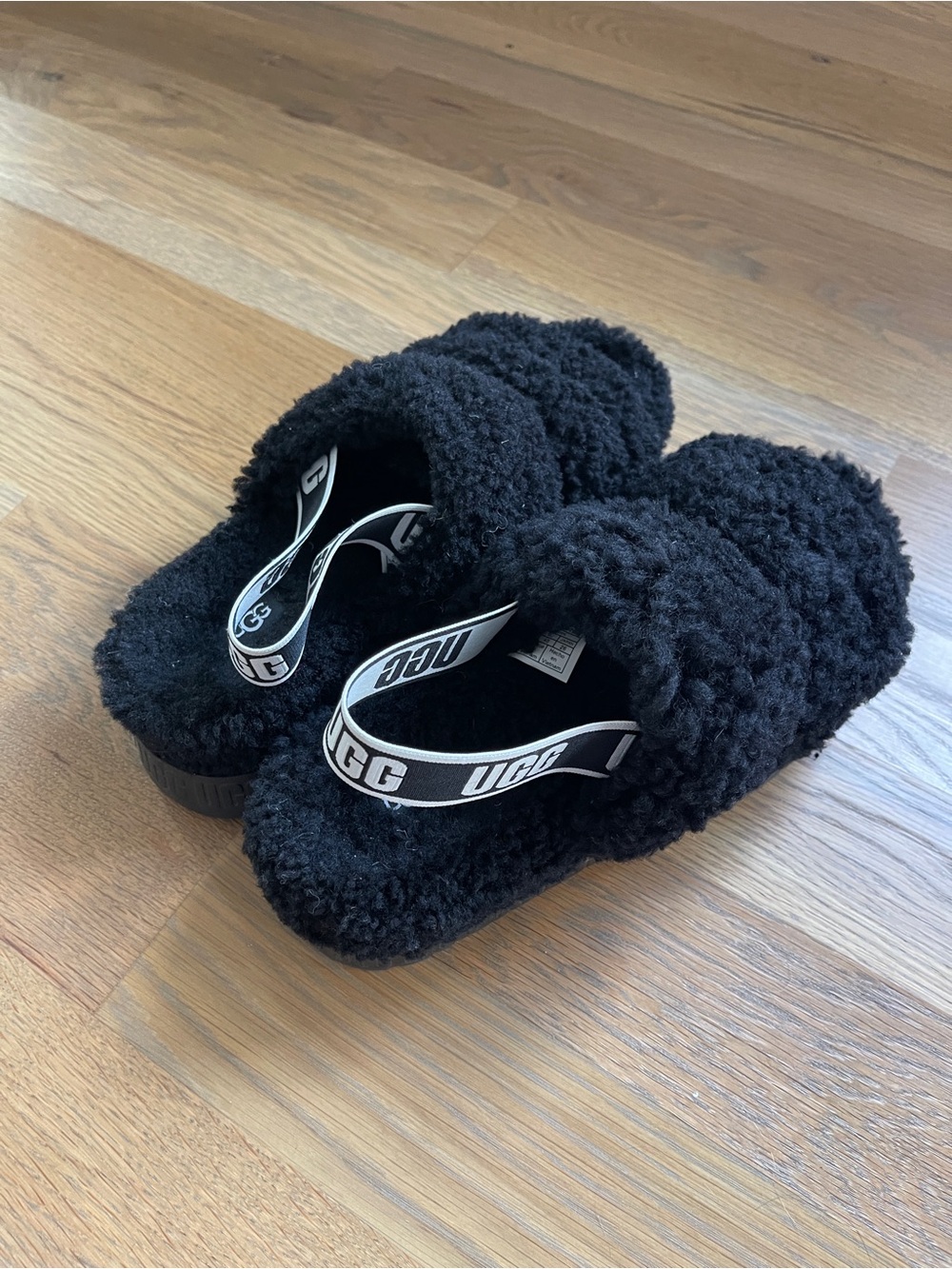 UGG Black Shearling Crossband Slide with Logo Heel Strap - Picture 3 of 5